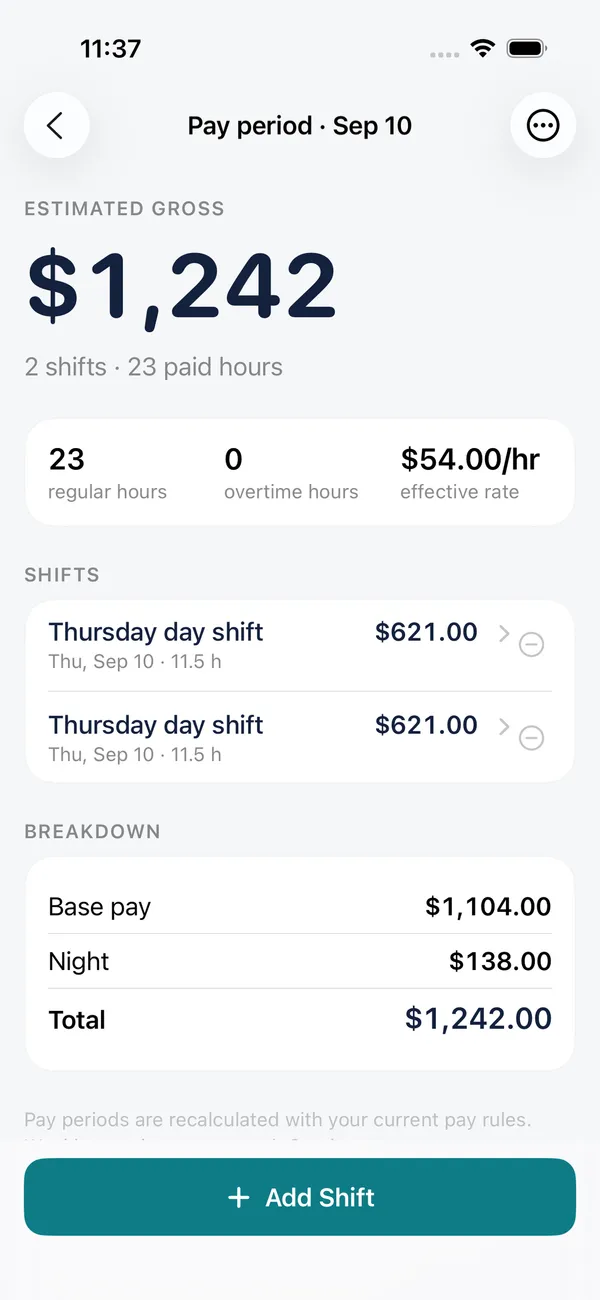 Nurse Pay iPhone app totaling a pay period of several shifts with weekly overtime